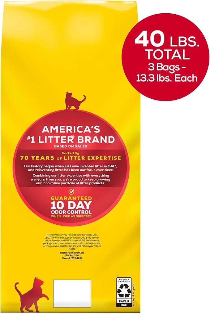 Purina Tidy Cats Clumping Cat Litter, 24/7 Performance, Clay Cat Litter, Recyclable Box - (Pack of 3) 13.33 lb. Bags