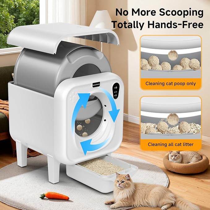 Self Cleaning Litter Box, Extra Large Automatic Cat Litter Box Self Cleaning for Multiple Cats, App Control, Safety Protection, Ultra-Quiet,Includes Trash Bags,White