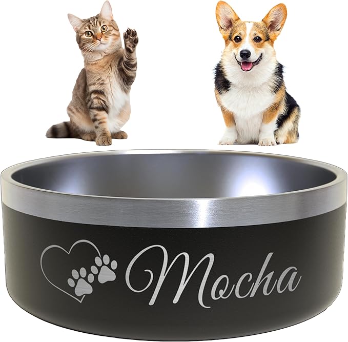 Heart + Paws and Name Dog Bowl - Engraved, Nonslip, Custom Dog Bowl, Custom, Stainless Steel, Engraved Pet Bowl, Feeding, Pet Supplies, Pet Food