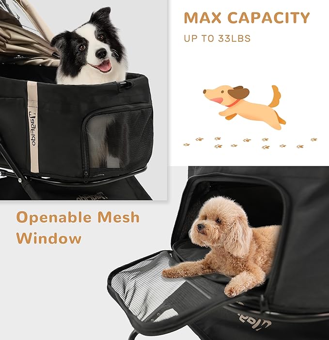 Pet Stroller with Removable Carrier, 3 in 1 Stroller for Dogs, Pet One-Click Foldable Pet Stroller with 4 Wheel, Small Dog Stroller Holds up to 33 lbs, Cup Holder, Car Stroller, Khaki