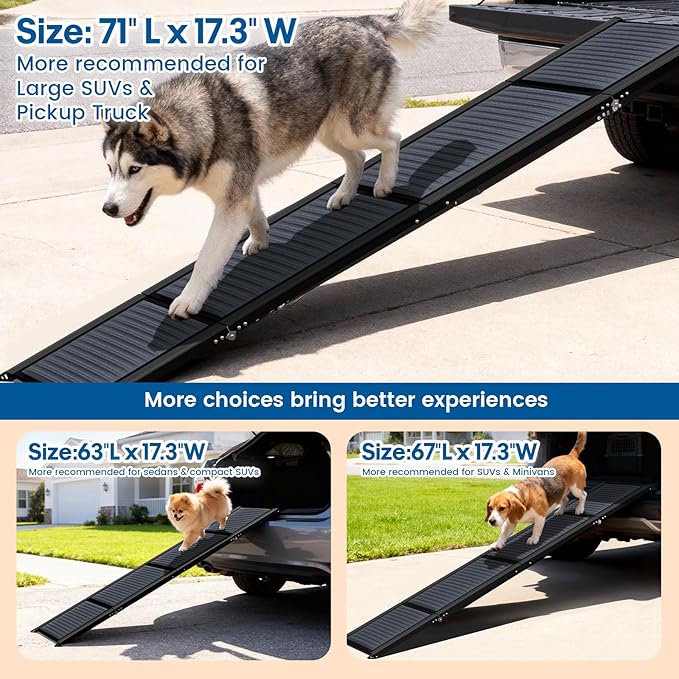 HBTower 71" Long & 17.3" Wide Folding Dog Ramp for Car, SUV & Truck – Portable Pet Ramp with Non-Slip Surface, Extra Wide Steps for Large Dogs Up to 250LBS