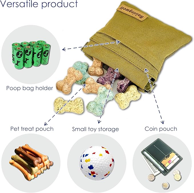 Raisingwell Dog Treat Pouch, Brown Pocket Sized Pet Training Pouch, Cotton Fabric, Hand Free Dog Walking Bag with Carabiner, Self-Closing Pet Feed Snack Reward, for Puppy Travel or Outdoor Use