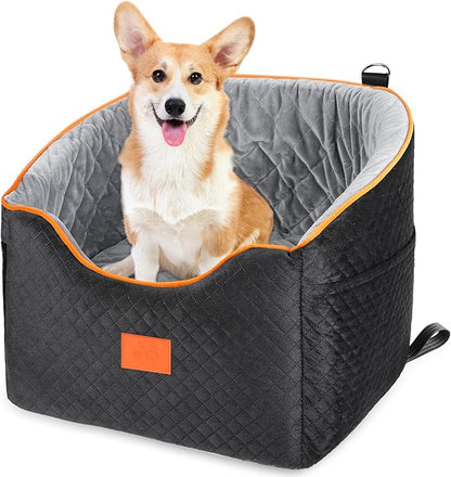 XIEEAOZEE Dog Car Seat for Small Dogs, Memory Foam Booster Dog Seat for Dogs up to 35 lbs, Elevated Pet Car Seat with Washable Removable Cover, Storage Pockets(Black/Gray)