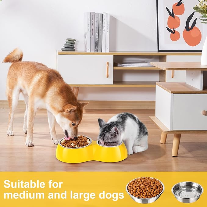 Elevated Dog Bowls Set - Non-Slip Raised Pet Feeder with Medium (2 Cups) & Large (4 Cups) Stainless Steel Bowls - Includes Durable Resin Stand for Corgi Puppies and Adult Cats - Yellow