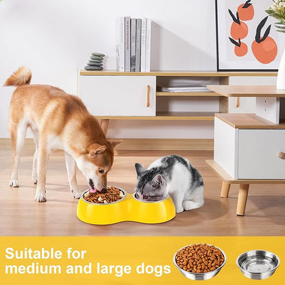 Elevated Dog Bowls Set - Non-Slip Raised Pet Feeder with Medium (2 Cups) & Large (4 Cups) Stainless Steel Bowls - Includes Durable Resin Stand for Corgi Puppies and Adult Cats - Yellow