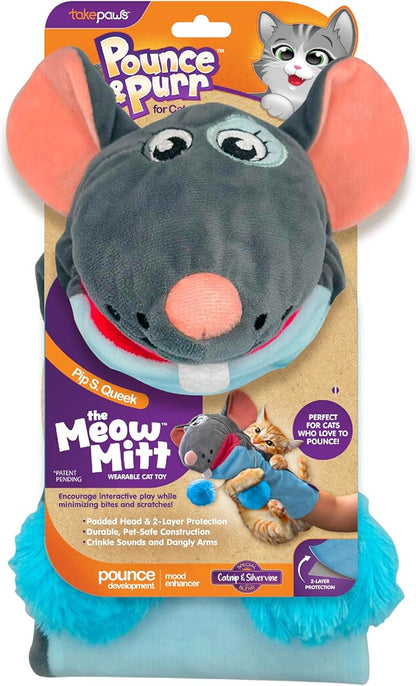 Pounce & Purr® Meow Mitt Wearable Cat Toy – Cat Wrestling Glove, “Pip S. Queek” Plush Mitten with Catnip & Silvervine, Crinkle Sounds & Dangling Arms for Bonding Play with Cats & Kittens (Mouse)