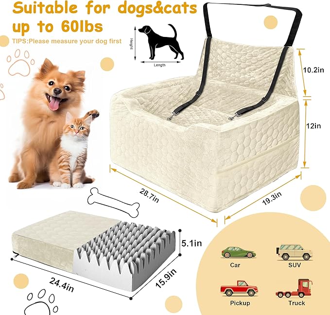 Dog Car Seat for Medium/Large Dog Booster Seat Under 60 lbs or 2 Small Dogs, Multi-Functional Pet Car Seat with Thick Cushion, 2 Safety Leashes (White)