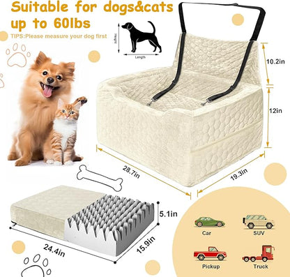 Dog Car Seat for Medium/Large Dog Booster Seat Under 60 lbs or 2 Small Dogs, Multi-Functional Pet Car Seat with Thick Cushion, 2 Safety Leashes (White)