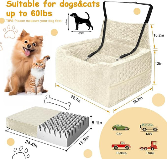 Dog Car Seat for Medium/Large Dog Booster Seat Under 60 lbs or 2 Small Dogs, Multi-Functional Pet Car Seat with Thick Cushion, 2 Safety Leashes (White)