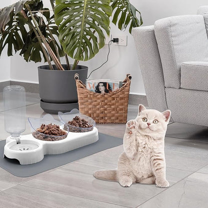 Triple Cat Bowls with Water Dispenser, Pet Whisker Friendly Water and Food Bowl Set with Non-Slip Mat, 15° Tilted Double Feeding Bowls, Elevated Wet and Dry Food Dish for Kitten&Small Dog (White)