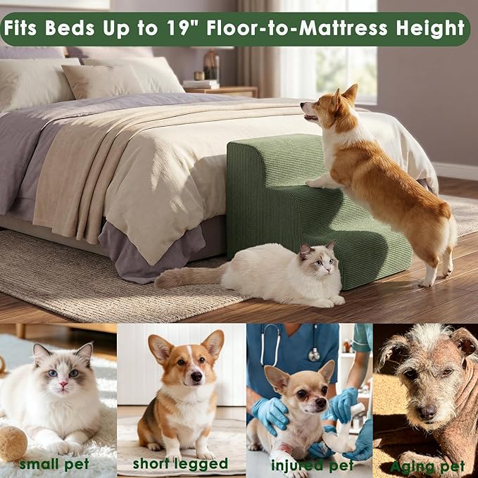 Dog Stairs for Bed 15" H, 3-Step Dog Ramp for Aged and Injured Dogs, Up to 50 Lbs Foam Pet Stairs for Small Dogs and Cats to Get on Couch or Chair, Non-Slip, Steady, Washable Cover, Green