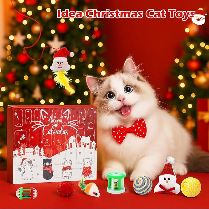 Mity rain Cat Advent Calendar 2025 with 24 Days of Surprises, Christmas Cat Toys with Cat Bowies, Bells, Mice, Catnip, Feather Toys, Xmas Fun Gifts for Cats Lovers