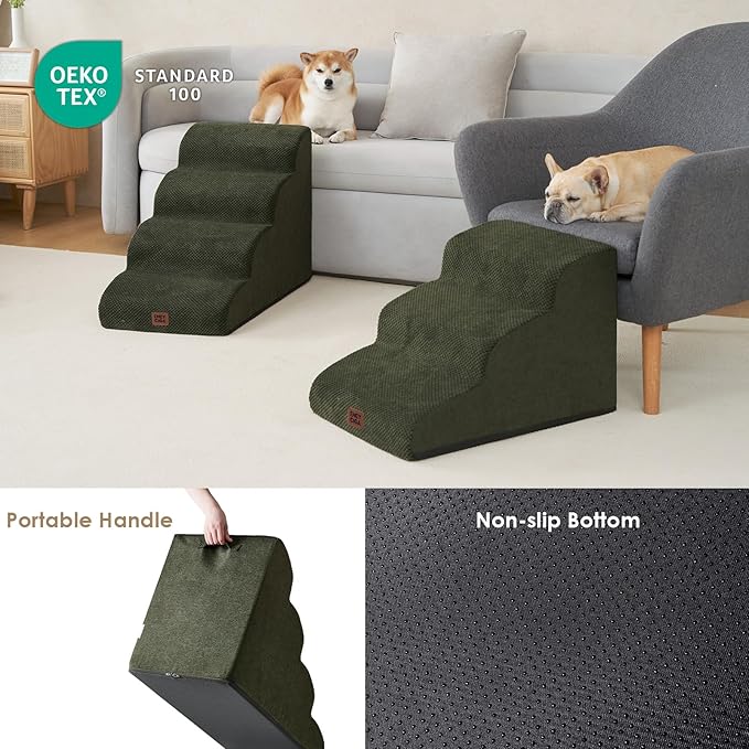 EHEYCIGA Curved Dog Stairs Ramp for Small Dogs 15.7" H, 3-Step Dog Steps for Couch Sofa and Chair, Pet Stairs for Cats, Non-Slip Balanced Pet Steps Indoor, Military Green