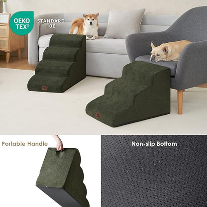EHEYCIGA Curved Dog Stairs Ramp for Small Dogs 15.7" H, 3-Step Dog Steps for Couch Sofa and Chair, Pet Stairs for Cats, Non-Slip Balanced Pet Steps Indoor, Military Green