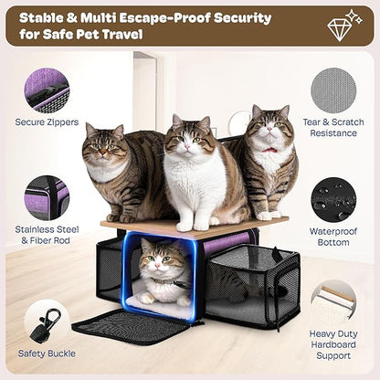 Top and 2 Sides Expandable Pet Carrier 17x11x9.5, TSA Airline Approved Small Dog Carriers for Small Dogs, Soft-Sided Cat Carrier with Self-Locking Zippers for Kitten,Rabbit, Puppy, Guinea Pig Purple