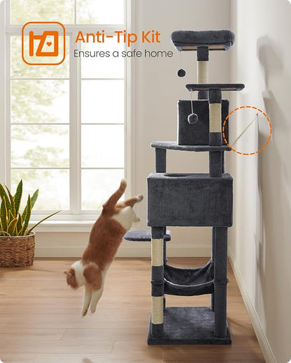 Feandrea Cat Tree, 73.2-Inch Tall Cat Tower, Plush Multi-Level Condo with 5 Scratching Posts, 2 Perches, 2 Caves, Hammock, 2 Pompoms, Smoky Gray UPCT191G01