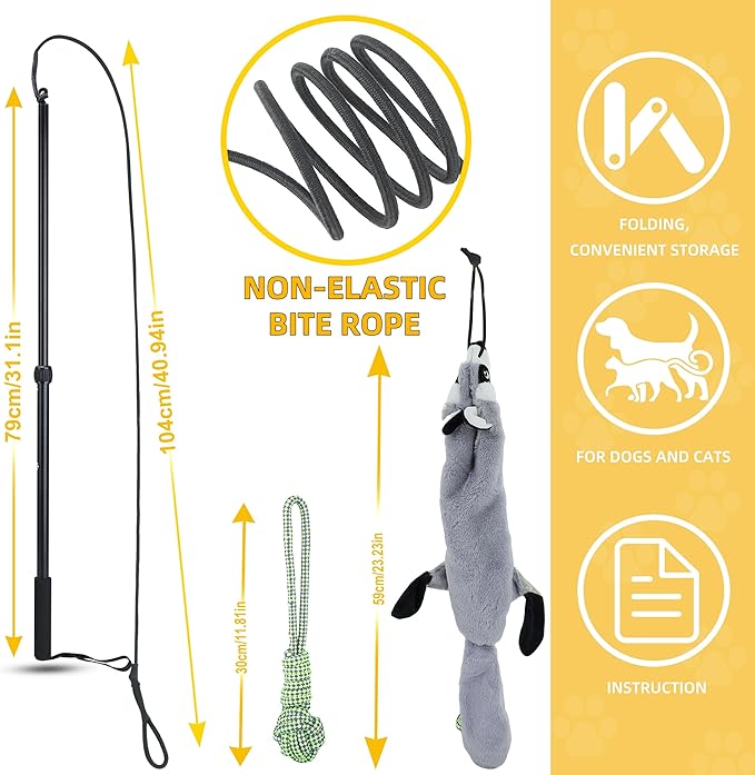 Flirt Pole Dogs, Dog Chase Toy with Squeakers Inside, Dog Fishing Pole Toy for Large Medium Small Dogs to Keep The Puppy Entertained and Physically Exhausted, Ball+Beaver