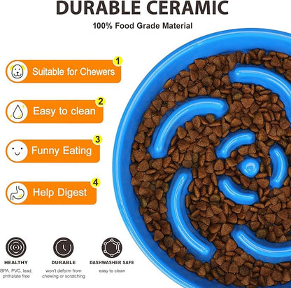 Slow Feeder Dog Bowl, Ceramic 8.3 inch Dog Food Bowls for Small, Medium, and Large Breed, Anti-Slip Maze Puzzle Food Dish to Slow Down Eating (Blue, 8.3 inch)