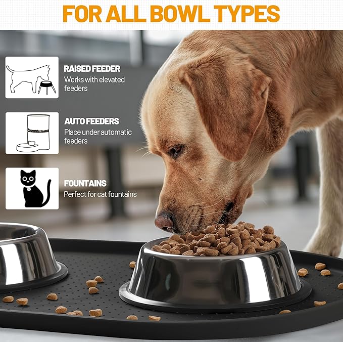 Hubulk 100% Waterproof Silicone Pet Feeding Mat with Raised Edge for Food and Water, Dog Bowl Mats, Cat Bowls Placemat with High Lip Protects Floor for Cats and Dogs (Black, 16" L x 10" W)