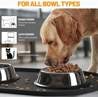 Hubulk 100% Waterproof Silicone Pet Feeding Mat with Raised Edge for Food and Water, Dog Bowl Mats, Cat Bowls Placemat with High Lip Protects Floor for Cats and Dogs (Black, 16" L x 10" W)