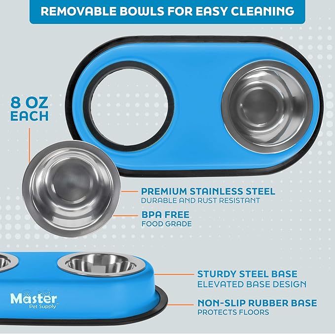 Master Pet Supply Double Dog Bowls Set with Elevated Base and 2 (8 oz) Stainless Steel Removable Dishes (True Blue) – Double Cat Food Water Bowl, Dog Puppy Food Bowl Set, Rust Resistant