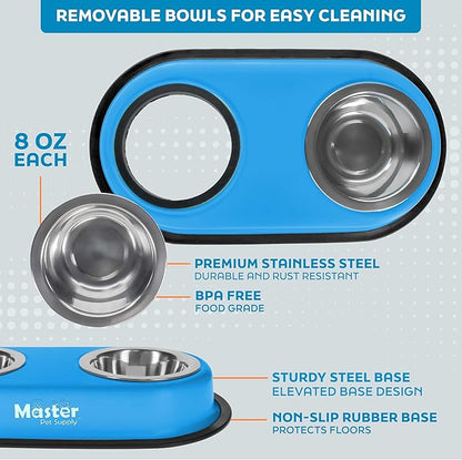 Master Pet Supply Double Dog Bowls Set with Elevated Base and 2 (8 oz) Stainless Steel Removable Dishes (True Blue) – Double Cat Food Water Bowl, Dog Puppy Food Bowl Set, Rust Resistant