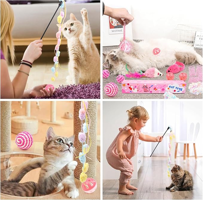 16Pcs Cat Toy Set Pink Kitten Toys Pack Including Feather Teaser Interactive Wand Cat Springs Mice Crinkle Balls and Pet Bell Balls Toys for Bored Indoor Cats, Gift Box Styles (Pink)