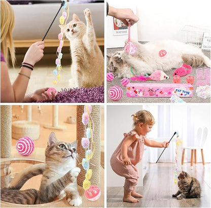 16Pcs Cat Toy Set Pink Kitten Toys Pack Including Feather Teaser Interactive Wand Cat Springs Mice Crinkle Balls and Pet Bell Balls Toys for Bored Indoor Cats, Gift Box Styles (Pink)