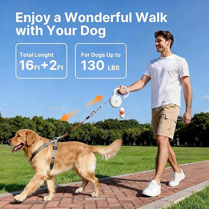 16Ft Auto-Brake Retractable Dog Leash with Chew-Proof Steel Cable, 360° Tangle-Free, Shock Absorbing, Built-in Poop Bag Dispenser, Ergonomic Comfort Grip Handle for Medium Large Dogs Up to 130lbs