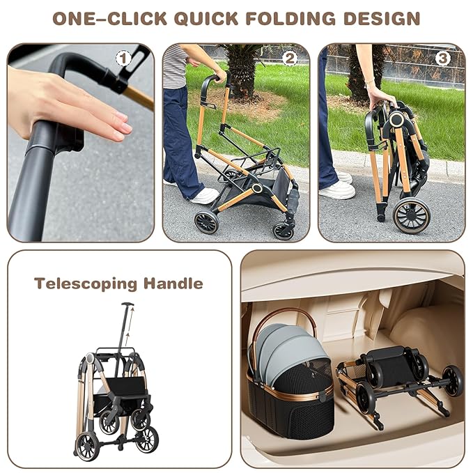 4 Wheels Pet Stroller for Small Medium Dogs Cats Up to 45 lbs Folding Dog Stroller with Detachable Breathable Carrier Suitable for Car Seat, Hand Carry & Travel, All Terrain, 3 in 1 Multifunctional