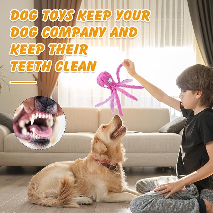 2 Pcs Octopus Dog Toys, No Stuffing Squeaky Dog Toys Chew Toys for Dogs Puppy Toys Indestructible Dog Toy for Small & Medium & Large Dogs (Purple,Orange)