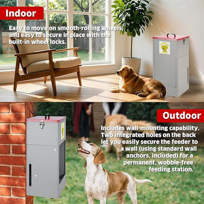Automatic Dog Feeder with Wheels, 25lb Heavy Duty Galvanized Steel Gravity Food Dispenser - Easy to Move Rolling Pet Food Station for Indoor & Outdoor Use