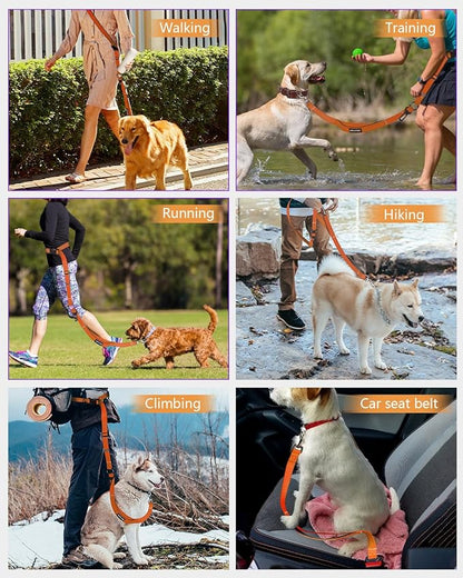 Hands Free Dog Leash, Multifunctional Crossbody Dog Leash, 5.9-9.5Ft Long Waist Belt with Car Seatbelt and Double-Sided Reflective Stitches for Medium and Large Dogs Walking, Jogging(Orange).