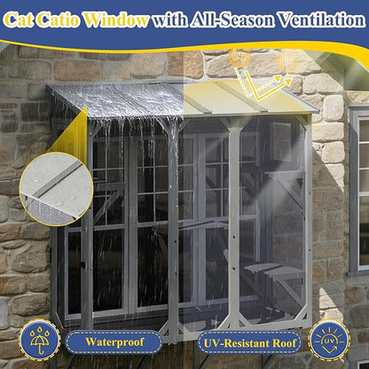 PetsCosset Cat Window Box Wooden Window Catio for Indoor Cats, Cat Enclosure with 4 Platforms & 3 Doors, Wall-Mounted Perch for Sunbathing, Play & Tunnel Connection, All-Weather Use, Keeps Insects Out