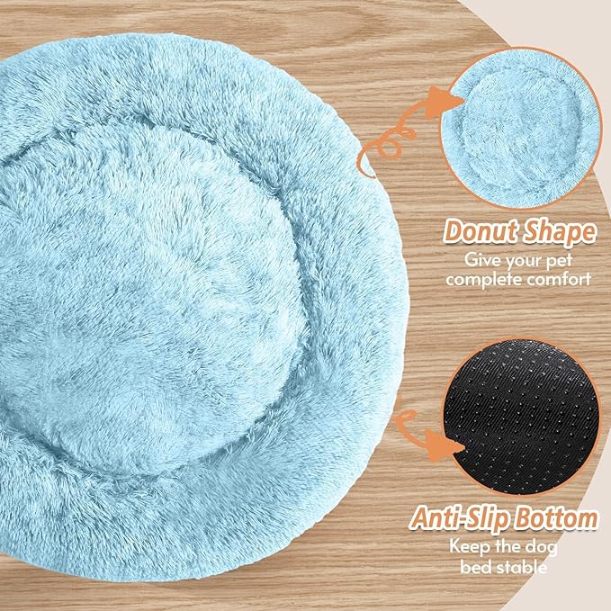 JOLLYVOGUE Calming Dog Beds Large Sized Dog, 36in Donut Washable Large Pet Bed, Anti-Slip & Anti-Anxiety Fluffy Faux Fur Round Dogs Bed, Fits up to 80 lbs Pets (Light Blue)