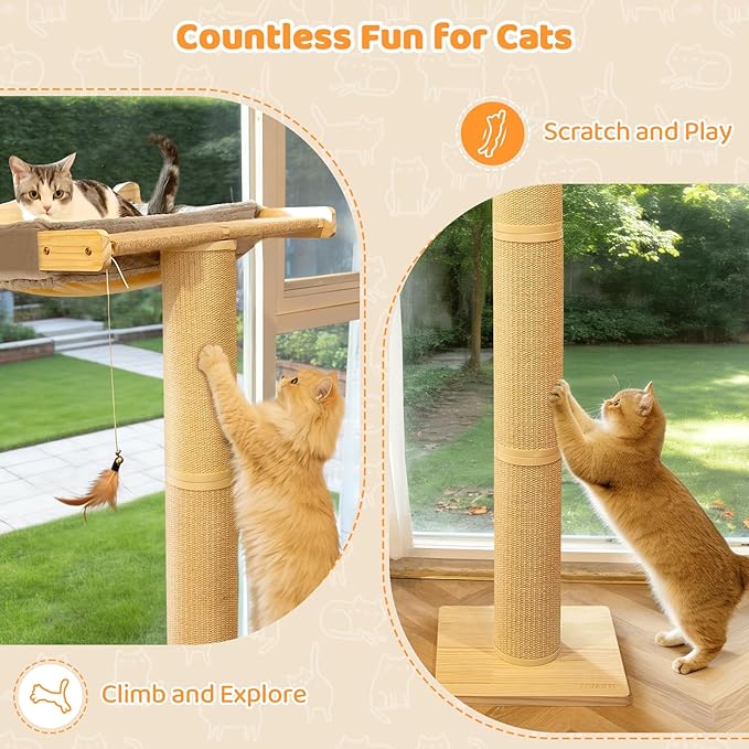 54.3" Cat Window Perch with 3 Adjustable Roman Column Sisal Posts, Gray Rabbit Fleece Cushions, Drill-Free Suction Cups, Multi-Level Bird Watching Perch, 60 lbs Capacity