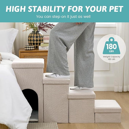 Dog Stairs with Storage, 4-Step Wider Sturdy Dog Steps for Small/Medium/Large Dogs and Older Cats, Doggie Ramp with Condo for Bed/Couch/Car Hold Up to 180 lbs (22.6" H, Beige)