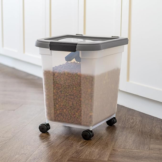 IRIS USA Airtight Dog Food Storage Container 25 lbs, Removable Wheels, for Dog Cat Bird and Other Pets, Food Storage Bin, Keep Fresh, Made in USA, Clear/Dark Gray