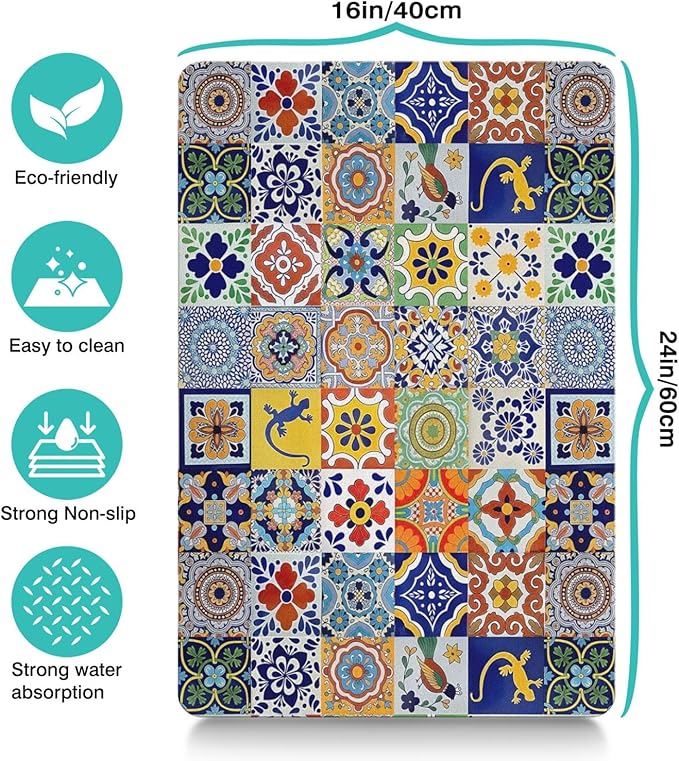 Moroccan Trellis Dog Food & Water Mat,Mexican Talavera Boho Colorful Colorful Pet Feeding Mat for Floor Non-Slip Waterproof, Super Absorbent Cat Bowl Mat, Easy to Clean Durable Pet Placemat,16" × 24"