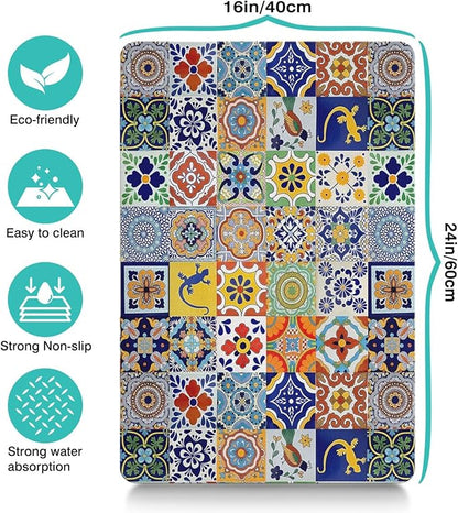 Moroccan Trellis Dog Food & Water Mat,Mexican Talavera Boho Colorful Colorful Pet Feeding Mat for Floor Non-Slip Waterproof, Super Absorbent Cat Bowl Mat, Easy to Clean Durable Pet Placemat,16" × 24"