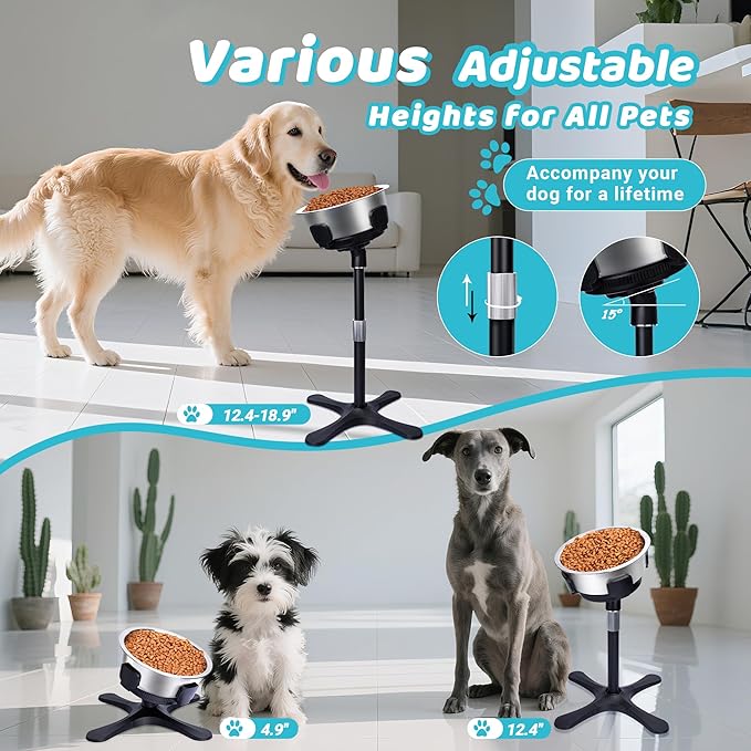 Elevated Adjustable Dog Bowl Feeding Stand, 3 Heights and Tiled Ajudst, Compatible with Moost Feeding Bowls, Great for Medium Large Dogs(Stainless Bowl 1 Pack Updated)