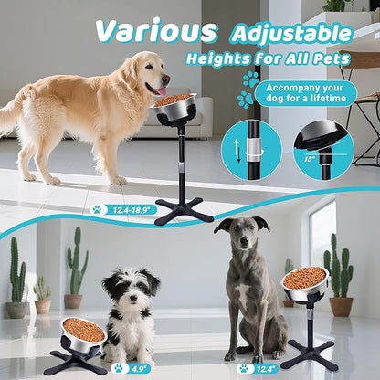 Elevated Adjustable Dog Bowl Feeding Stand, 3 Heights and Tiled Ajudst, Compatible with Moost Feeding Bowls, Great for Medium Large Dogs(Stainless Bowl 1 Pack Updated)