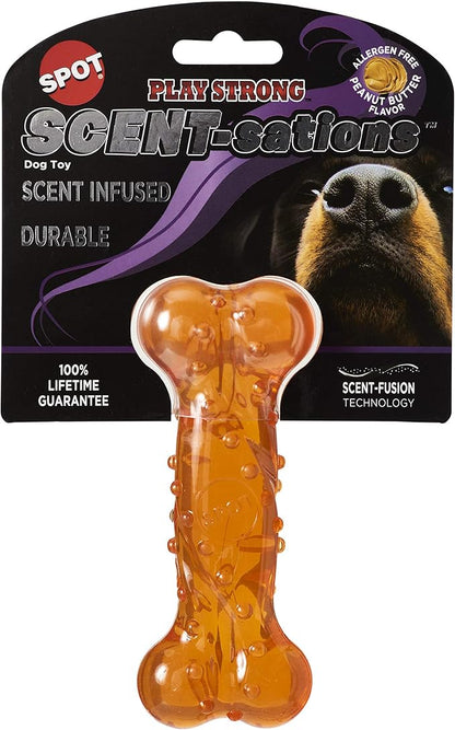 SPOT Play Strong Scent-sations Bone- Scent-Infused, Strong, Durable TPR Rubber, Heavy Duty Dog Toys for Aggressive Chewers up to 45lbs, Great for Puppies & Medium Breeds, 5in, Peanut Butter Flavored
