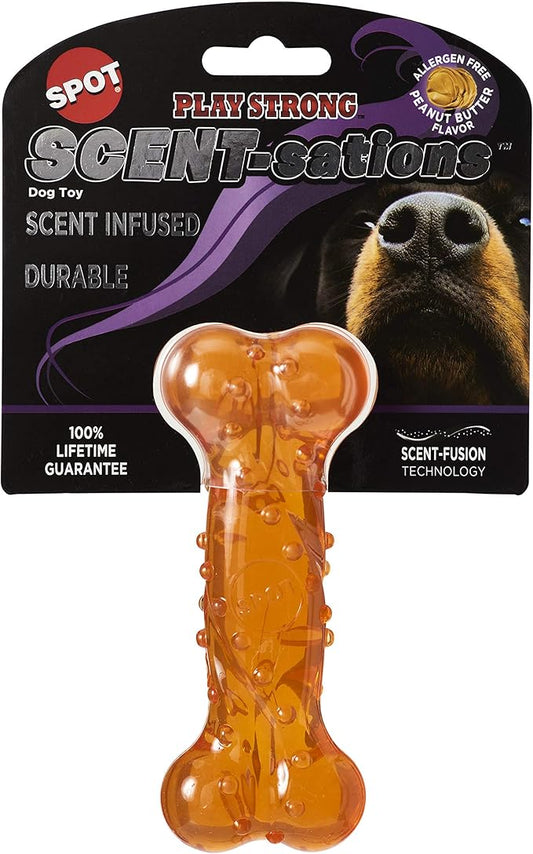 SPOT Play Strong Scent-sations Bone- Scent-Infused, Strong, Durable TPR Rubber, Heavy Duty Dog Toys for Aggressive Chewers up to 45lbs, Great for Puppies & Medium Breeds, 5in, Peanut Butter Flavored