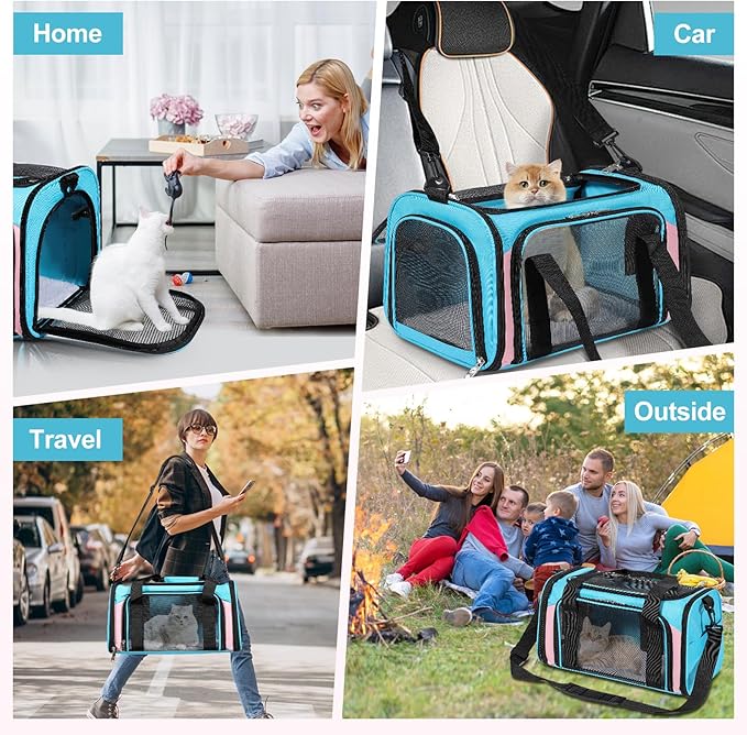 Discala Cat Dog Carrier Pet Carrier for Small Medium Cats Puppies Dog Carriers for Small Dogs Collapsible Soft Sided Cat Travel Carrier - Blue&Pink 21 * 13 * 13