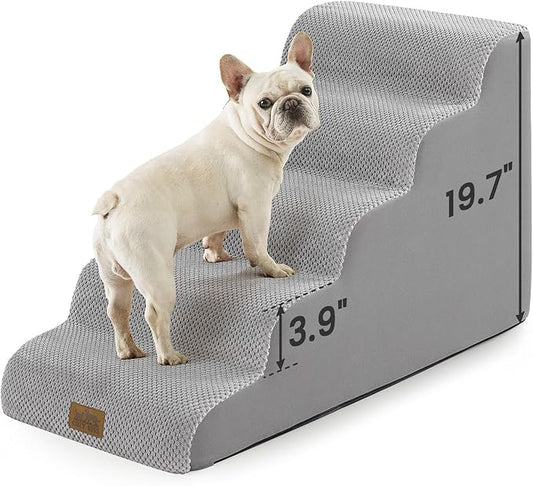 Dog Stairs for Small Dogs 19.7" H, 5-Step Sturdy Foam Dog Steps for Couch, Bed or Sofa, Curved Pet Stairs for Puppy and Older Cat, Doggie Ladder with Washable Cover, 15.7x33x19.7 inch, Gray