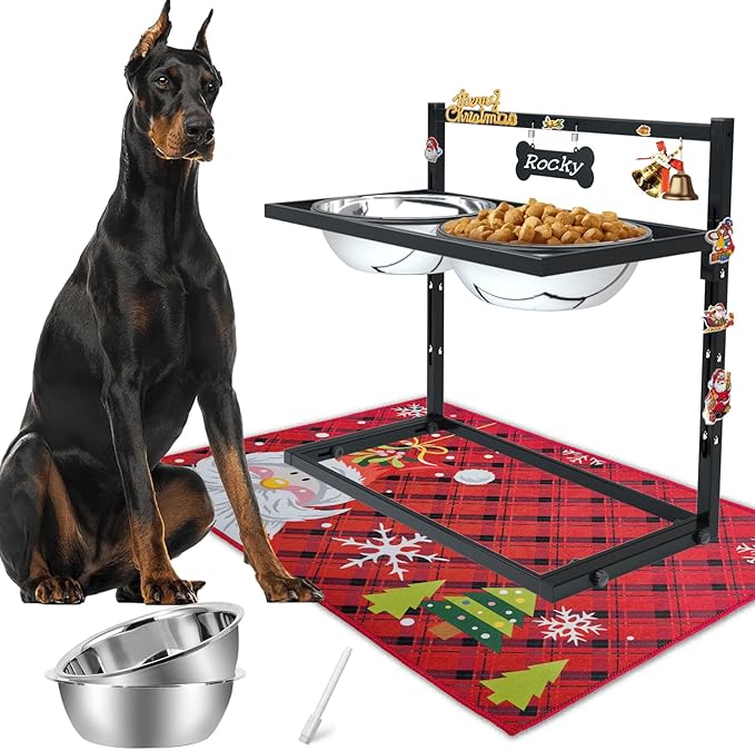 SHAINFUN Christmas Elevated Dog Bowls for Large Breeds with Mat, Adjustable Height, Tall Raised Dog Food Water Bowl Stand Gift for Dogs