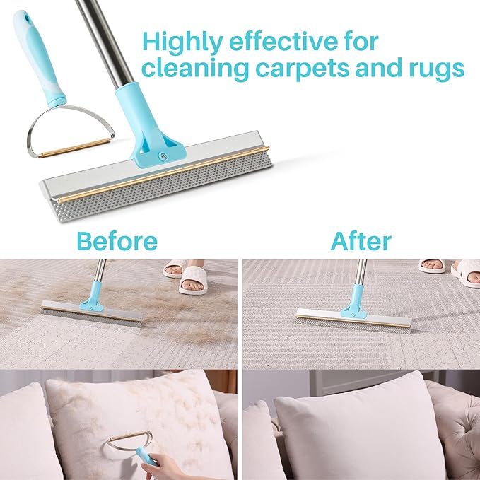 JOYMOOP 2 PCS Pet Hair Removal Tools, 63" Adjustable Long Handle Carpet Rake and Short Handle Carpet Pet Hair Removal, Cat Dog Hair Carpet Rake with Metal and Silicone Scraper for Carpet, Sofa, Cloth