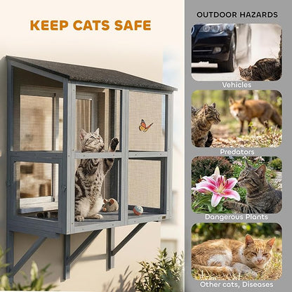 PawHut Cat Catio, Expandable Window Box Enclosure for Multiple Indoor Cats, Comfortable Wooden Pet Perch House, All Weather Use, with 2 Doors, for Sunbathing, Napping, Overlooking, 39" L