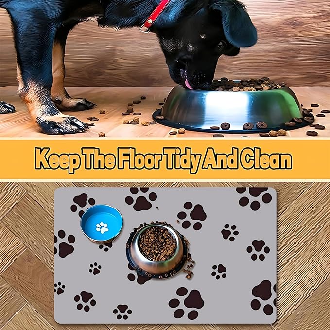 18"×30" Dog Food Mat-Absorbent Dog Mat for Food and Water, No Stains Quick Dry Cat Food Bowl Mat with Footprints for Messy Drinkers,Light Gray